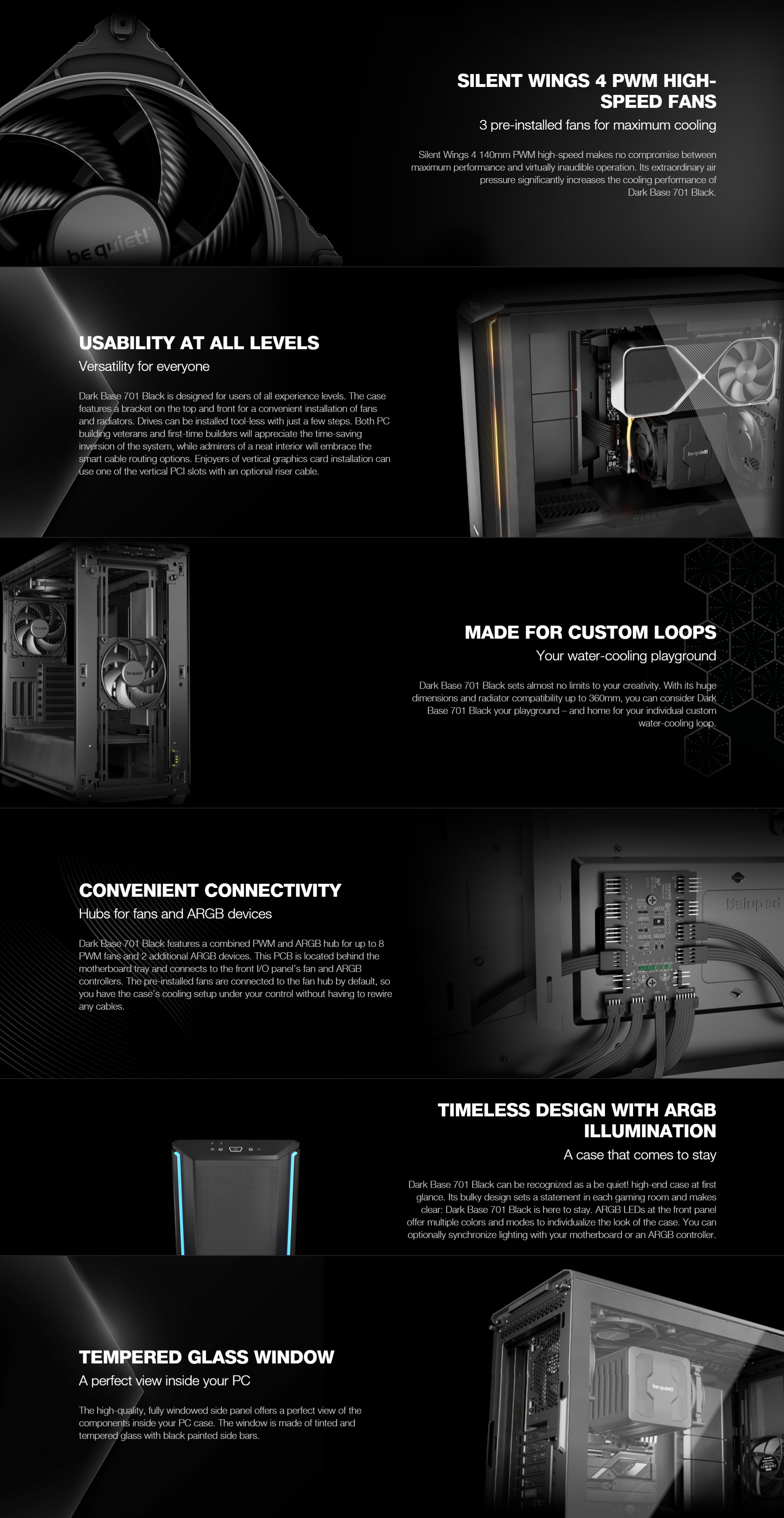 A large marketing image providing additional information about the product be quiet! Dark Base 701 Mid Tower Case - Black - Additional alt info not provided